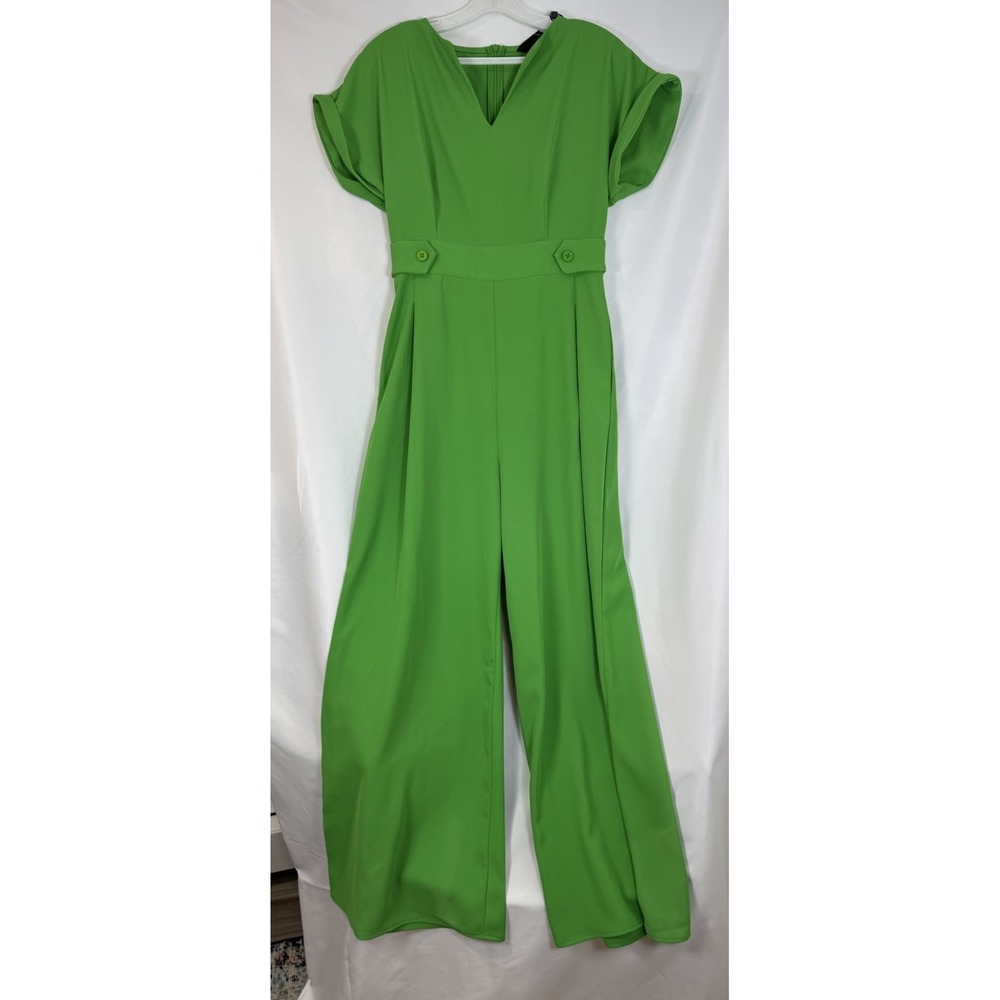 Stylewe Women's Green Solid V-Neck Short Sleeve Wide-Leg Jumpsuit Button Accent